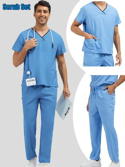 Men's Scrub Set, Including V-Neck Top And Sweatpants, Suitable For Doctors, Nurses, Clinical Workwear, Dental Clinics, Etc.