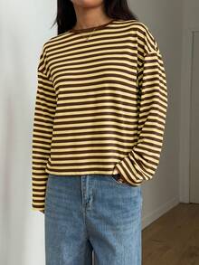 Women's Round Neck Drop Shoulder Long Sleeve Striped Contrast Ribbed Casual T-Shirt - Yellow-brown - View 3