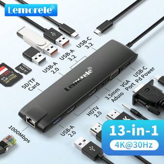 Lemorele TC96 Multifuncional 13 en 1 USB-C HUB, Conecta talla grande dispositivos externos, Expande las funciones del dispositivo existente sin necesidad de controladores adicionales, Plug and Play, Compacto y portátil.