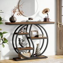 Tribesigns Mesa consola, mesa de centro industrial de 4 niveles de 120 x 30 cm, mesa de entrada con base circular, mesa auxiliar estrecha de madera con estantes para sala de estar, pasillo, vestíbulo, marrón rústico - Marrón - Ver 6