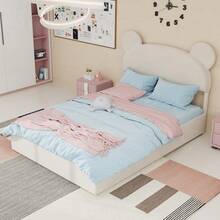 Nowoczesne i minimalistyczne tapicerowane łóżko z miękkim zagłówkiem z motywem kreskówkowym, 140x200 cm, beżowe, wielofunkcyjny mebel do sypialni, wysoka rama z systemem podnoszenia gazowego, materac nie jest wliczony w cenę. - Beż + tkanina + metal + pianka memory - Zobacz 1