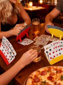 三层可折叠扑克牌架，免提扑克托盘，带可调节桌面支架，扇形设计，适用于纸牌游戏、扑克派对和家庭纸牌游戏之夜 - 成人皮诺克尔牌架 - 彩色 - 查看 8