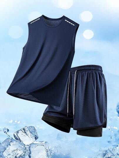 Conjunto de camiseta de tirantes deportiva de unicolor para hombres, adecuada para fitness, correr, ejercicio, secado rápido y actividades al aire libre casuales