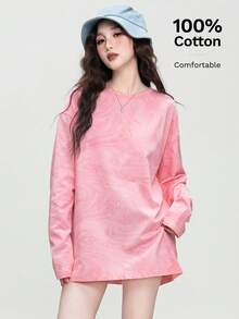Women's New Year Versatile Loose Long Sleeve T-Shirt, Ink Painting Print Round Neck Top - 0A33 Light Pink - View 2