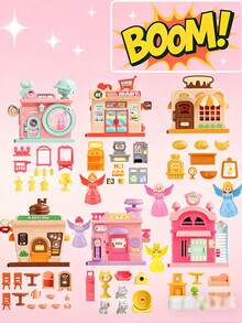 1件/2件套可爱卡通娃娃屋玩具，迷你梦想屋过家家玩具，公主DIY模块化娃娃屋，学龄前女孩儿童生日、万圣节、圣诞节礼物益智组装玩具套装，随机咖啡馆/面包店/超市/宠物店/更衣室/家庭娃娃屋 - 彩色 - 查看 8