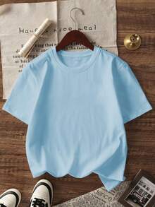 3pcs/Set Girls Casual Printed Crew Neck Short Sleeve T-Shirts, Summer Student Youth Apparel - Fashionable Vintage Leopard, Cherry Blossom, Bow Colorful T-Shirts Bring Joy And Happiness To Every Child! - Baby Blue - View 3