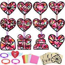 12/24pcs DIY Valentine'S Day Craft Paper Heart Catchers - Classroom Art Supplies Kit For Stained Glass Effect, No Batteries Required - Multicolor - View 1