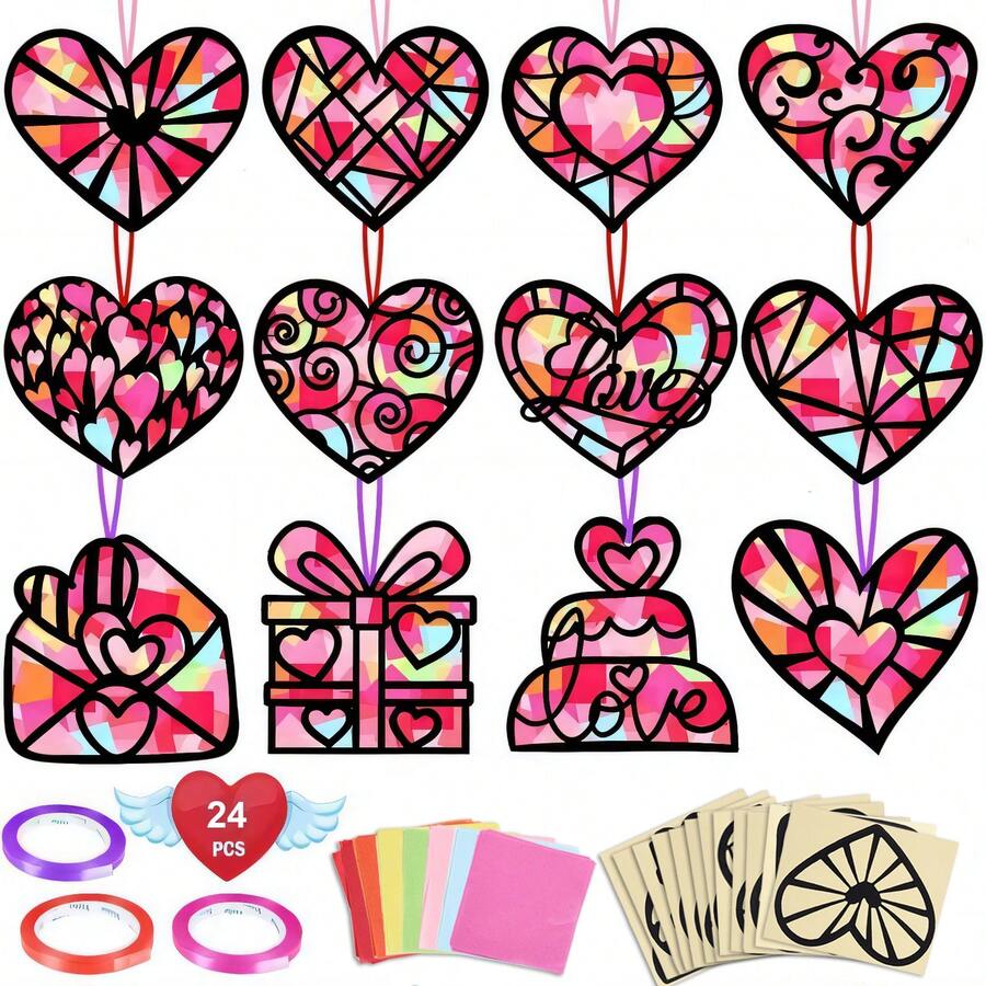 12/24pcs DIY Valentine'S Day Craft Paper Heart Catchers - Classroom Art Supplies Kit For Stained Glass Effect, No Batteries Required - Multicolor - View 1