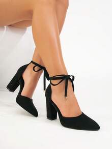 女士新款优雅百搭绒面革系带粗跟尖头高跟鞋 - 黑色 - 查看 1