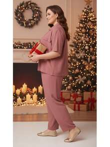 Women's Plus Size Formal Set, Basic Casual Model - 乾枯玫瑰色 - 查看 2