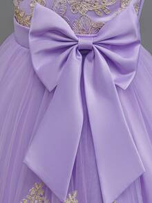 Elegant Sleeveless Embroidered Trailing Luxurious Princess Dress, Tulle Puffy Performance Flower Girl Evening Gown - Lilac Purple - View 5