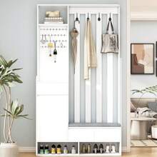 Flurgarderobe mit gepolsterter Aufbewahrungsbank, multifunktionaler Flur-Schuhschrank mit Stecktafel, moderno Garderobe mit 4 Haken für Eingangsbereich, Waschküche, Branco, H180/B100/T35 cm - Branco - Ver 12