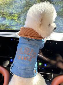 1件宠物衣服，狗狗/猫咪套装，小型犬/幼犬服装，时尚可爱舒适的字母巴黎风外套 - 藍色 - 查看 2