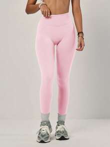 PinkTip 1pc Women's Solid Color Elastic Cycling Sports Leggings, Waist Cinching, Slimming, Comfortable, Suitable For Outdoor, Hiking, Yoga, Fitness, Running Pink Spring - Hồng - Xem 3
