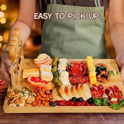 1 Set, Bamboo Cheese Board With 4 Cheese Knives, Charcuterie Tray And Plate, Cheese Knife, Cheese Slicer, Cheese Fork, Kitchen Cooking Tools, Bamboo Cutting Board, Wooden Cheese Platter, Kitchen Supplies