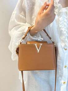 Bolso de mano multifuncional de tela impermeable de PU con hebilla de bloqueo de hardware simple unicolor, adecuado para compras, llevar bolsas, mujeres jóvenes, estudiantes universitarios, recién llegados al lugar de trabajo, oficinistas. Perfecto para la oficina, la universidad, el trabajo, los negocios, los desplazamientos, las actividades al aire libre, los viajes y las excursiones. - Marrón - Ver 1