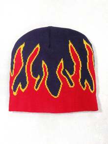 1pc Unisex Y2K Flame Jacquard Knit Beanie Hat, Warm Casual Personalized Knitted Cap Suitable For Autumn/Winter Outfits Men Winter Head