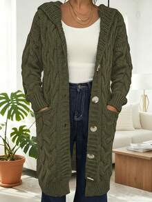 Áo khoác cardigan nữ thời trang mới, kiểu dáng thường ngày, có mũ, chất liệu dệt xoắn, dáng dài ngang gối, màu trơn, cài nút. - xanh quân đội - Xem 1