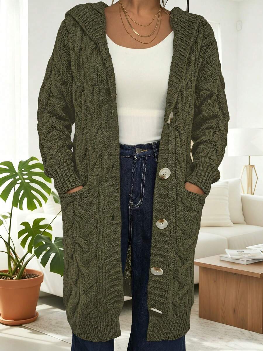 Áo khoác cardigan nữ thời trang mới, kiểu dáng thường ngày, có mũ, chất liệu dệt xoắn, dáng dài ngang gối, màu trơn, cài nút. - xanh quân đội - Xem 1