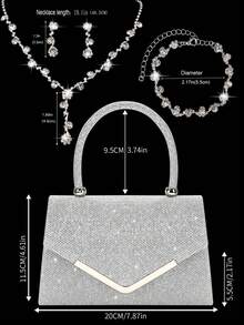 Shiny Ladies' Evening Clutch, New Stylish Handbag And Evening Bag, Paired With A Three Pieces Sparkling Rhinestone Evening Jewelry Set, Including A Dazzling Pendant Necklace, Earrings, And Bracelet. Perfectly Matches Wedding Dresses, Sequin Dresses, And Prom Gowns, Suitable For Parties, Weddings, And Proms. - Silver - View 4