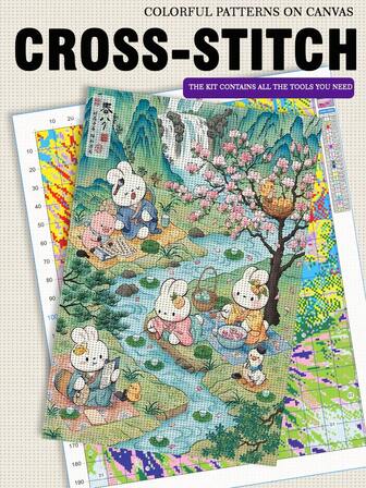 1PC Frameless [40 * 60cm/15.7 * 23.6in], Cute Rabbit Home, 11CT/14CT Printed Cross Stitch DIY Set, Suitable For Adults And Beginners To Easily DIY Cross Stitch Set, Perfect For Bedroom And Living Room Wall Decoration. The Gift Includes A Printed Canvas, Needle, Thread, Picture, And Instruction Manual.