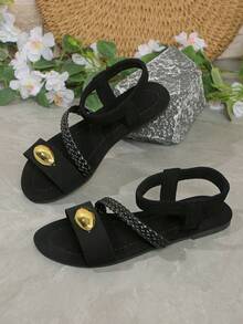 2026 Sommer Neue Flache Riemen Sandalen, 1 Paar elegante flache Schuhe mit modischem Retro-Goldschnallen-Sandalen, Strandurlaubs-Schuhe, elegante preppy College-Chic-Urlaubs-Strand-Boho-Lässig-PU-Leder-Schnallen-Strand-Festival-Hochzeit-College-Urlaubs-Party-Büro-Innen-Außen-Frühling-Sommer-Herbst - Schwarz - Übersicht 2