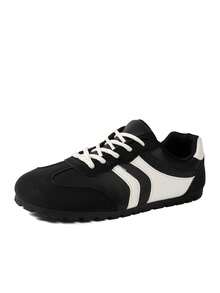 新款女鞋，时尚百搭系带圆头鞋，条纹装饰，纯色设计，舒适软底，休闲鞋，运动鞋，时尚鞋款，适合日常穿着和通勤。 - 黑色 - 查看 7