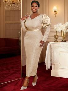 Plus Size Women's Gold Jacquard Long Cocktail Dress, V-Neck Puff Sleeve Pencil Dress With Slit Design, Elegant Woven Fabric, Suitable For Special Occasions Wedding Spring Party - Khaki - View 6