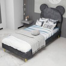 Modern And Minimalist Upholstered Bed With Soft Cartoon Pattern Headboard, 90 X 200 Cm, Grey, Multifunctional Bedroom Furniture, Low Slatted Base Without Storage (Without Gas Spring), Mattress Not Included. - Gray + Fabric + Metal + Memory Foam - View 12