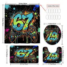1/3/4pcs Gaming Controller Graffiti Number 67 Shower Curtain Bathroom Sets,Cool Gamer Waterproof And Wear-Resistant Accessories,With 12 Hooks - Includes Toilet Seat Cover, Bath Mats, And Rugs - Plastic Fabric - Washable,Mildew-Resistant - Perfect For Holiday Decor,Home/Bedroom/House/Western/Spring Decor,