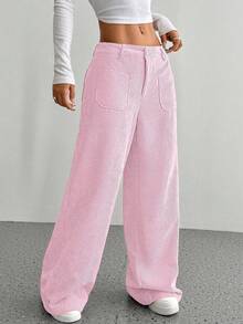 Autumn And Winter Casual Women's Front And Back Pocket Loose Solid Color Wide Leg Pants - 粉紅色 - 查看 3