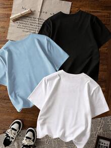 3pcs/Set Girls Casual Printed Crew Neck Short Sleeve T-Shirts, Summer Student Youth Apparel - Fashionable Vintage Leopard, Cherry Blossom, Bow Colorful T-Shirts Bring Joy And Happiness To Every Child! - Baby Blue - View 4