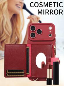 1 件装 PU 皮革钱包式手机壳，带卡槽、镜子和斜挎肩带，兼容 17 Pro Max/17 Pro/17/Air/16 Pro Max/16/15/14/13、Redmi - 酒紅色 - 查看 7
