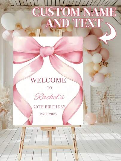 1pc Customizable Pink Ribbon Welcome Sign - Personalized Text, Suitable For Outdoor Garden Entrance, Shower Room Decor, Birthday Party Decor, Rachel's Theme Party Decor, Pink Bow Sign, Welcome Bow, Home Decor, Apartment Decor, Vintage/Retro Metal Sign, Wall Decor