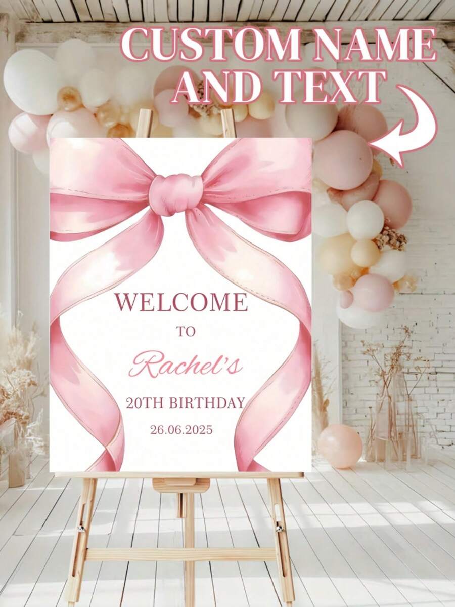 1pc Customizable Pink Ribbon Welcome Sign With Personalized Text For Birthday Party Decor Pink Bow Metal Sign Wall Decor Bachelorette Party Housewarming Gift - Multicolor - View 1