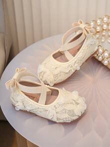 1 Pair Girls' New Fashion Elegant Minimalist Pearl Lace Embroidered Chiffon Breathable Handmade Bow Decor Elastic Band Floral Trim Soft Flat Princess Shoes, Suitable For Dresses, Jeans, Home, Performance, Suitable For Spring, Summer, Autumn