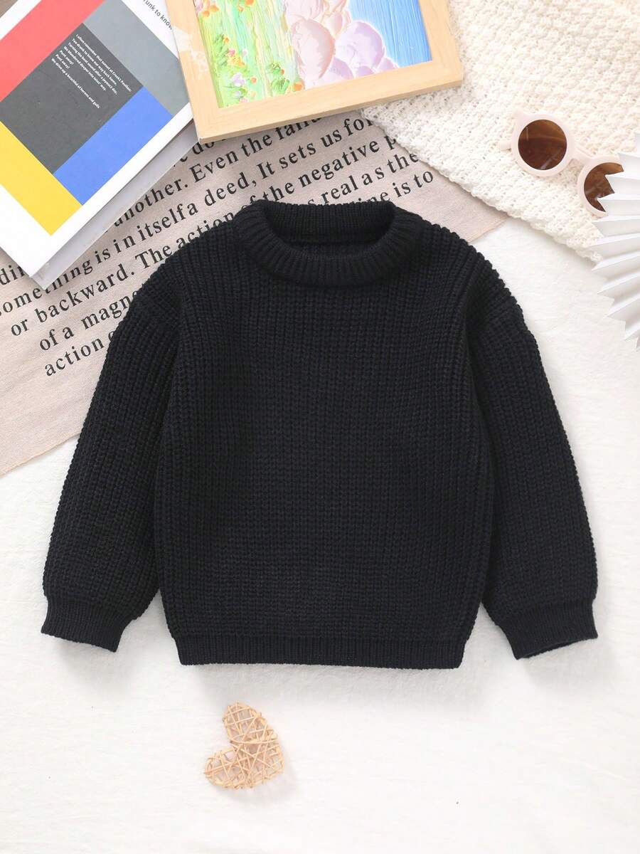 Atasan Sweater Rajut Leher Bulat Klasik Warna Polos Unisex untuk Bayi, Desain Leher Bulat, Desain Warna Polos, Warna Polos Lebih Cocok untuk Bordir Buatan Tangan oleh Para Ibu, Tambahkan Beberapa Elemen yang Disukai Para Ibu, Cocok untuk Pakaian Kasual atau Sebagai Lapisan - Hitam - View 1