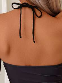 New Summer Fashion European & American Style Bikini Set, Tummy Control Halter Neck Swimsuit, Women Beach Holiday Sunflower Printed Swimwear - Black - View 7