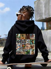 Tween-Jungen 1 Stück Lässig Bedruckter Pullover Sweatshirt, warm thermisch gefüttert, Langarm, Herbst/Winter, Schüler/Jugend Kleidung - Spaßiger und bunter Sweatshirt um die Fantasie anzuregen - Schwarz - Übersicht 2