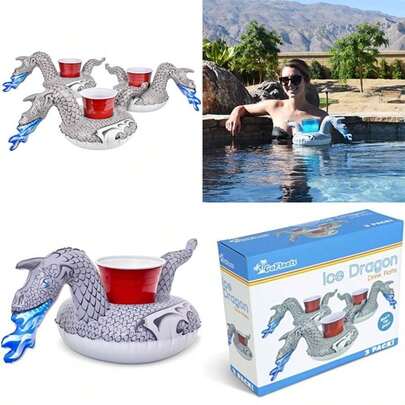 GoFloats - Portabebidas inflables para Piscina y Tina de hidromasaje (3 Unidades) (Elija – Unicornio, Flamenco, Palmera y más)(Dragón de Hielo)