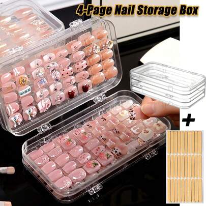四页便携式美甲护理收纳盒 - 透明塑料材质，多层设计，带粘性胶带 - 方便旅行和居家使用的美甲工具收纳盒 - 小巧设计，方便取用和保护 - 时尚耐用的美甲配件收纳盒