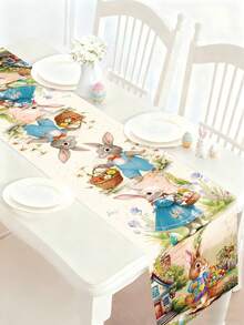 1 Peça Toalha de Mesa Alegre de Páscoa, Caminho de Mesa de Poliéster de 180*35cm Decorado com Coelho, Ovos de Páscoa e Padrão de Casa de Madeira, Adequado para Decoração de Festa de Páscoa, Decoração de Páscoa em Casa, Caça aos Ovos de Páscoa, Decoração de Cozinha, Decoração de Mesa, Decoração de Primavera, Suprimentos de Festa de Primavera, Presente de Páscoa - Multicolorido - Visão 7
