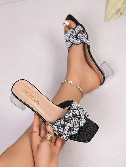 New Fashionable & Comfortable Plus Size Square Toe Chunky Heel Sandals, Shiny Elegant Vintage Luxury Style With PU Leather & Pearl Decor, Women's High Heel Sandals For Beach, Wedding, Party, Outdoor Summer