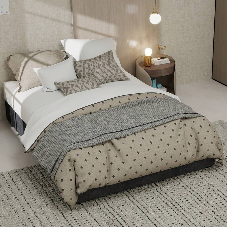 Modern And Sleek Style Bed Frame, 140*200 Cm, Grey, Dutch Velvet Fabric, With Gas Lift, Modern Bedroom Furniture, Headboard And Mattress Not Included. - Gray + Fabric + Metal + Memory Foam - View 1