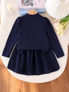 2pcs/Set Toddler Girls' Casual Pearl Decor Floral Round Neck Long Sleeve Top And Pleated Skirt Set, Spring/Autumn - Royal Blue - View 2