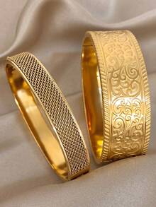 18K Gold Plated Stainless Steel Luxury Vintage Stackable Textured Geometric Mesh Braided Wide Bangle Bracelet Set, Suitable For Women, Mother's Gift, Christmas Carnival Winter Jewelry, Wedding/Party/Daily Accessories, Anniversary Valentine's Day Boho Jewelry, Bridesmaid Birthday Gift - Multicolor - View 1