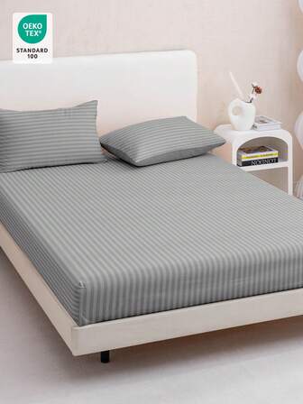 Juego de sábana ajustable de 2/3 piezas, sábana ajustable, protector de colchón, suave y esponjoso, resistente a las arrugas y transpirable, diseño de bolsillo profundo, juego de sábana ajustable a rayas verticales grises, anti-pelusas, cintura elástica, silencioso y antideslizante, se adapta a varios tamaños de cama, adecuado para el hogar, dormitorio, decoración de dormitorio, lavable a máquina, amigable con la piel, para todas las estaciones, duradero, fácil de cuidar, certificado OEKO-TEX