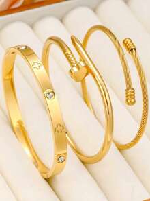 3pcs Fashionable Stainless Steel High Quality Flower Zirconia Women Nail Bangle Bracelet Jewelry Set, Suitable For Daily Wear - Gold - View 7