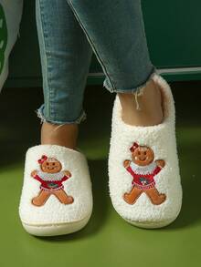 Pantuflas navideñas para mujer con diseño lindo de hombre de jengibre de dibujos animados, para fiestas y uso en casa en invierno - Blanco - Ver 2