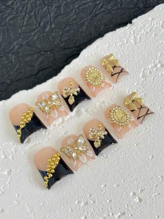 Ten Pieces Of Y2K Handmade Press-On Nails, Short Duckbill Nail Tips, Golden Butterflies, Bows, 3D Hand-Carved Floral Design, Ballet Elements, Suitable For Daily Wear And Party Occasions For All Ladies, Holiday Gift.(Please Note: The Colors Of The Beads And Lollipops Are Random.)